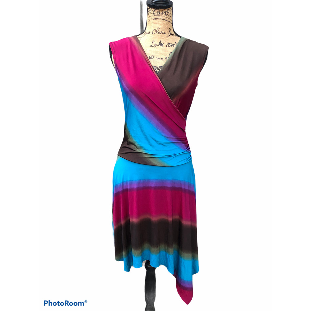 Multi Color V-Neck Dress Asymmetric Sleeveless Spring Summer